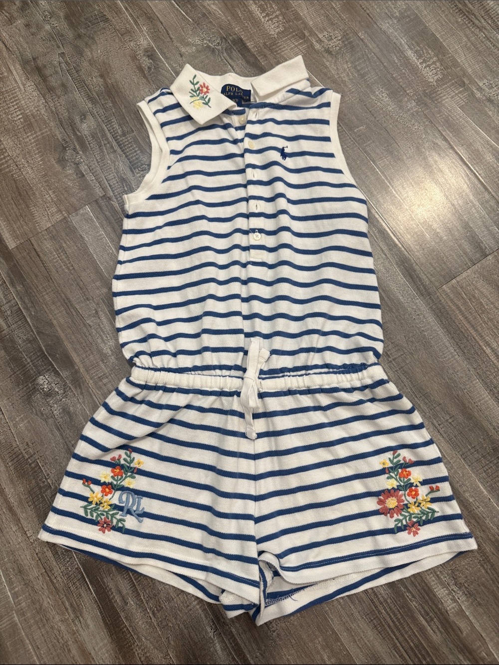 Polo by Ralph Lauren White & Blue Striped Girls' Floral Embroidered Romper